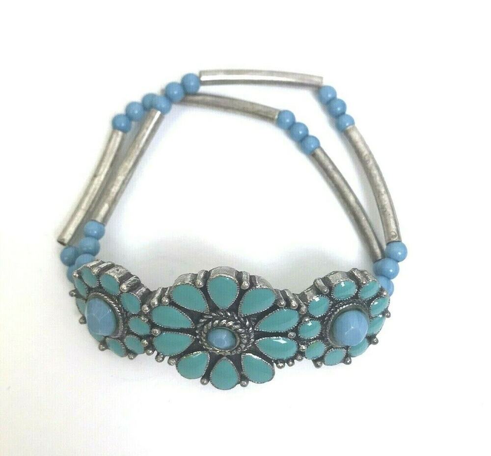 Blue Enamel and Silver Metal Bracelet Stretch Fit Floral Summer Medium to Large